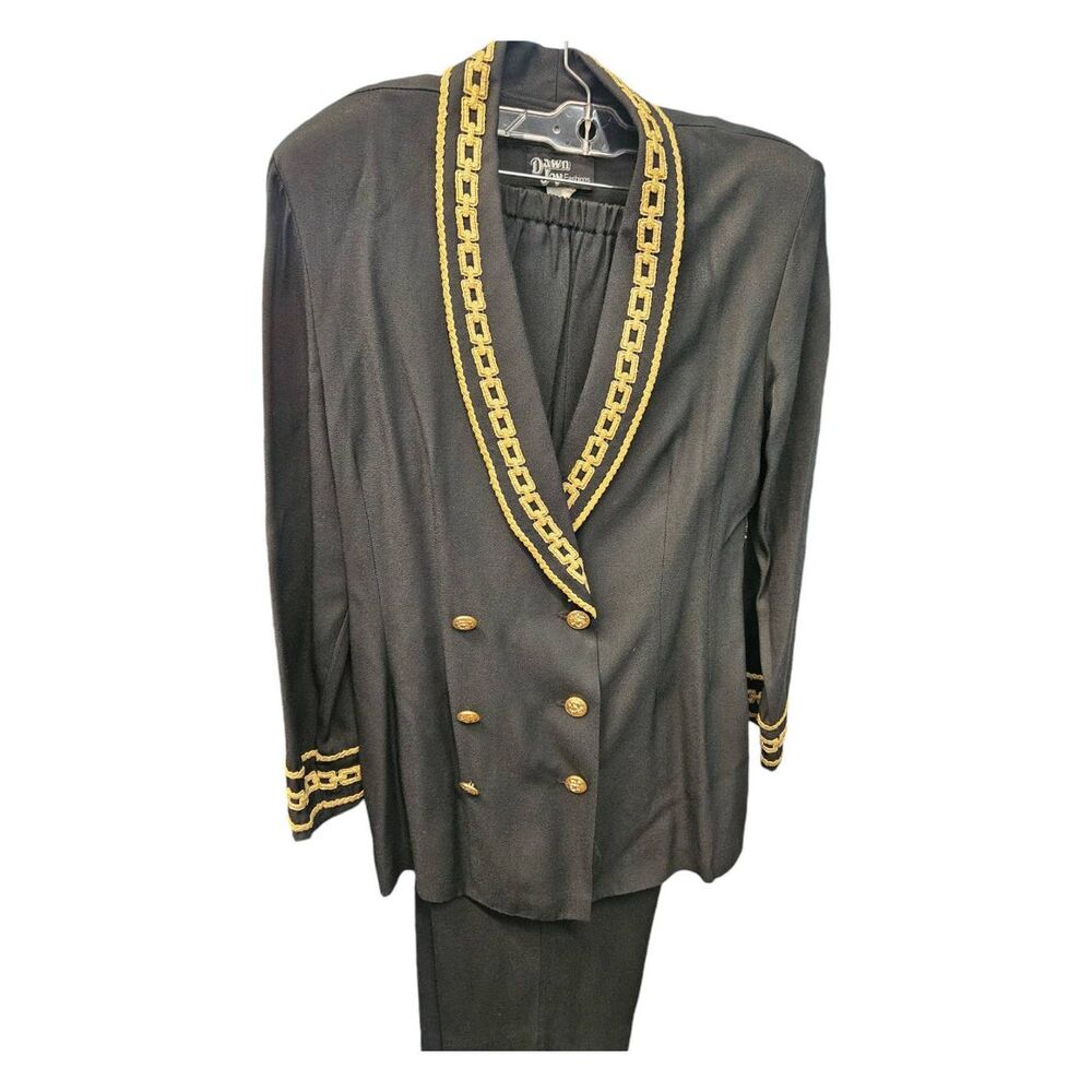 Dawn Joy Black Pants Suit Womens Small Vintage 80's Gold Trim - Picture 2 of 8